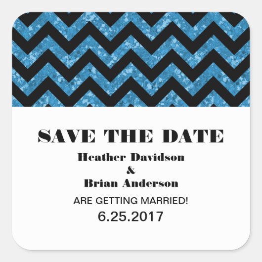 Chevron Glitter Save the Date Stickers, Blue Vierkante Sticker (Voorkant)