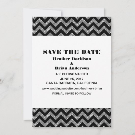 Chevron Glitter Save the Date Uitnodiging, Zilver Kaart (Voorkant)