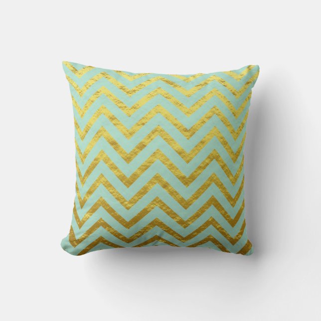 Chevron Gold Folie Blauwgroen Blue Patterns Glitte Kussen (Voorkant)