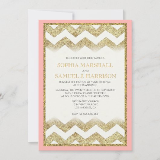 Chevron Gold Glitter Wedding Invitation Kaart (Voorkant)
