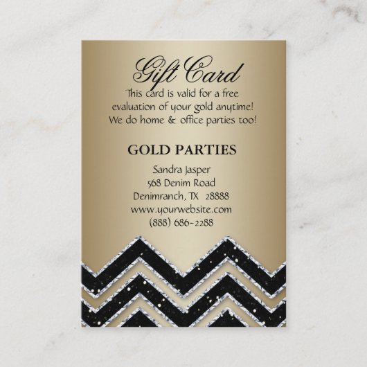 Chevron Gold Party Gift Card Black Glitter Kortingskaartje (Voorkant)