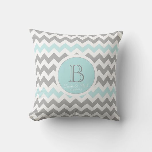 Chevron Gray Aqua White Monogram Wedding Pillow Kussen (Voorkant)
