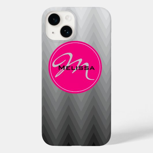 Chevron Gray ombre patroon Roze monogram naam Case-Mate iPhone Case (Achterkant)