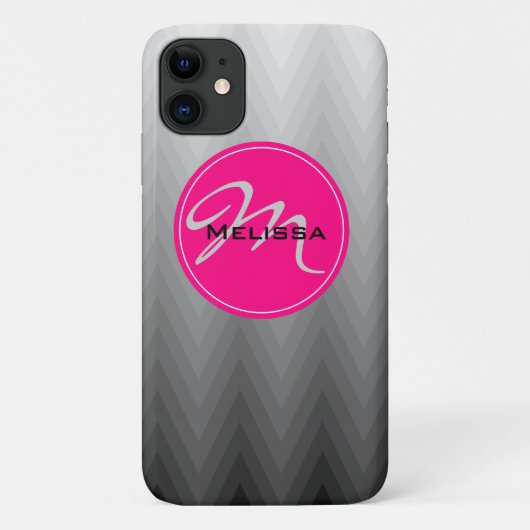 Chevron Gray ombre patroon Roze monogram naam Case-Mate iPhone Case (Achterkant)