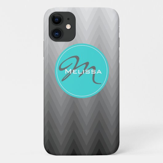 Chevron gray ombre patroon Turquoise Monogram Naam Case-Mate iPhone Case (Achterkant)