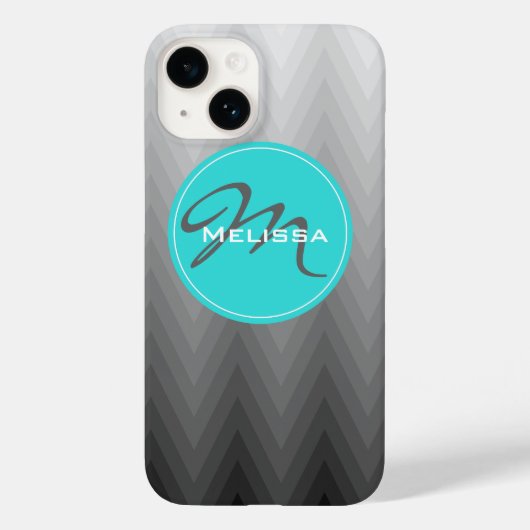 Chevron gray ombre patroon Turquoise Monogram Naam Case-Mate iPhone Case (Achterkant)