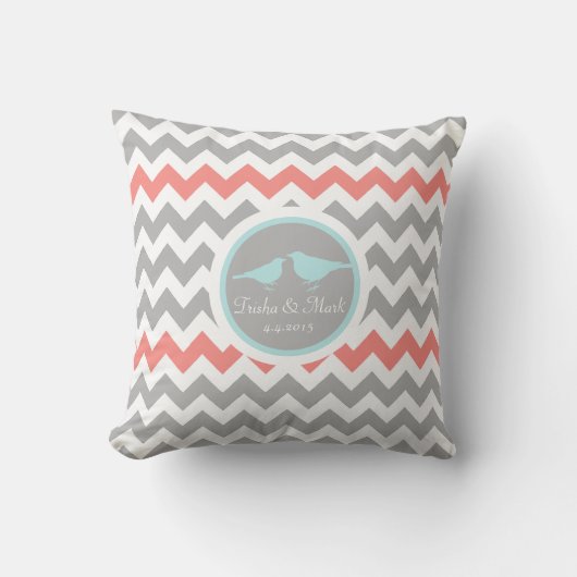 Chevron Grijs Aqua Wit Vogel Trouwkussen Kussen (Voorkant)