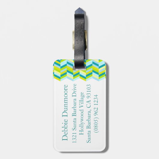 Chevron haring, beenderafdruk, aqua, groen bagagel bagagelabel (Achterkant verticaal)