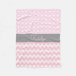 Chevron Hearts Pattern Pink Grey Monogram Fleece Deken
