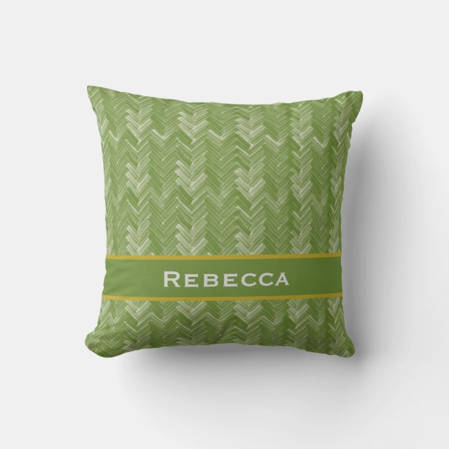 Chevron Herringbone Patroon Bosgroen Monogram Kussen (Voorkant)