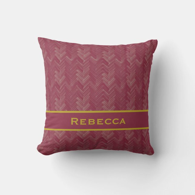 Chevron Herringbone Patroon Luxe Rood Monogram Kussen (Voorkant)