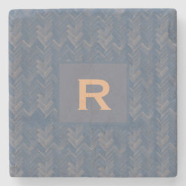 Chevron Herringbone Patroon Retro Blauw Initiaal Stenen Onderzetter