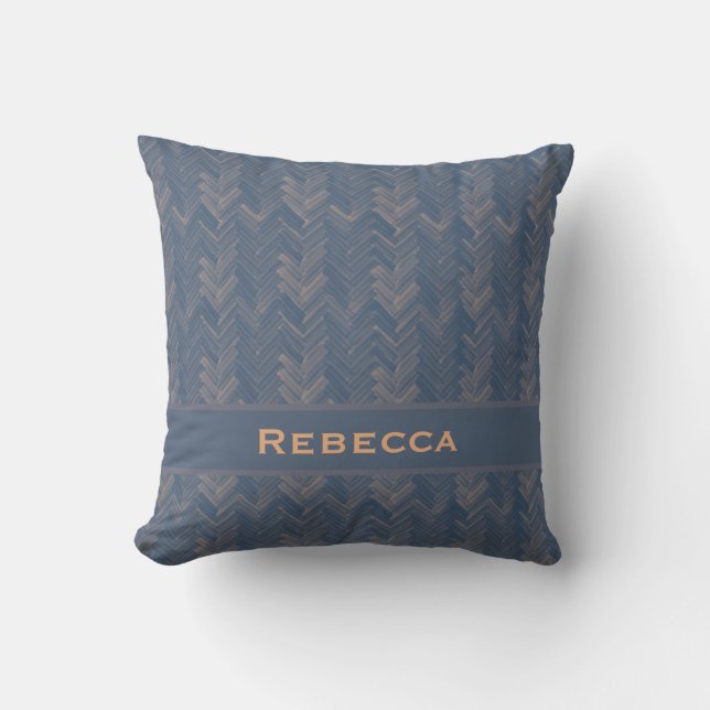 Chevron Herringbone Patroon Retro Blauw Monogram Kussen (Voorkant)