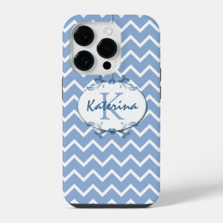 Chevron in polo blauw en wit met bloemenkader iPhone 14 plus hoesje