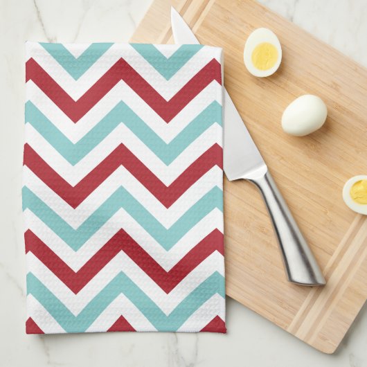 Chevron Kitchen Towel | {Aqua & Red} Theedoek (Quarter Fold)