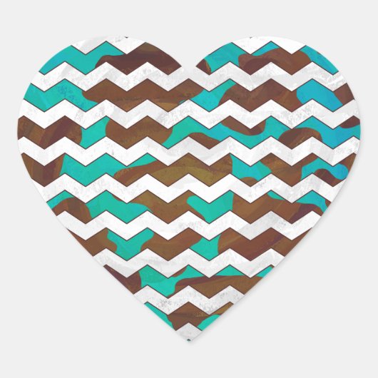Chevron Koe Brown en Blauwgroen print Hart Sticker (Voorkant)