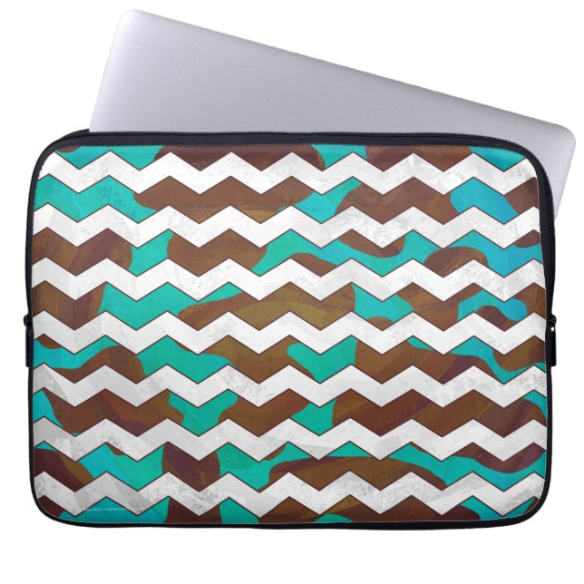 Chevron Koe Brown en Blauwgroen print Laptop Sleeve (Voorkant)
