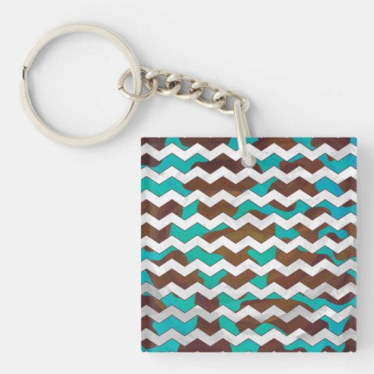 Chevron Koe Brown en Blauwgroen print Sleutelhanger (Voorkant)