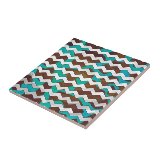 Chevron Koe Brown en Blauwgroen print Tegeltje (Zijkant)