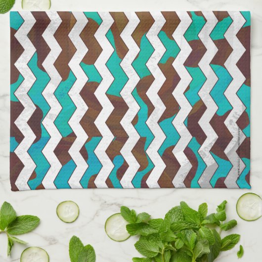 Chevron Koe Brown en Blauwgroen print Theedoek (Gevouwen)