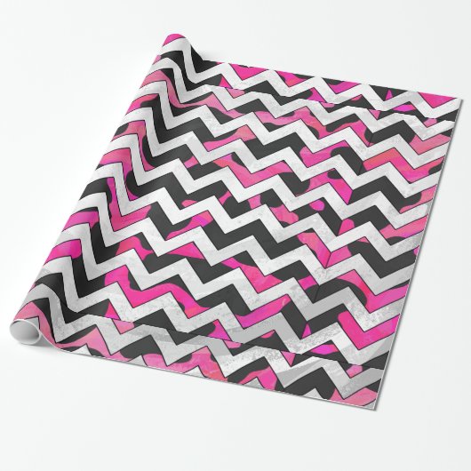Chevron Koe Hot Pink en Black Print Cadeaupapier (Uitgerold)