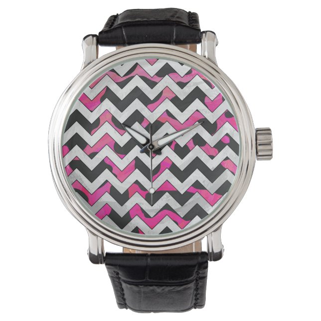 Chevron Koe Hot Pink en Black Print Horloge (Voorkant)