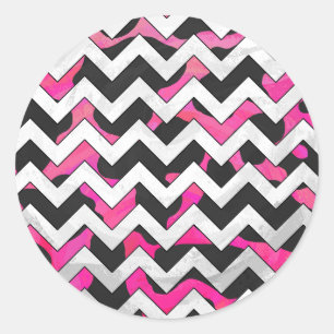 Chevron Koe Hot Pink en Black Print Ronde Sticker