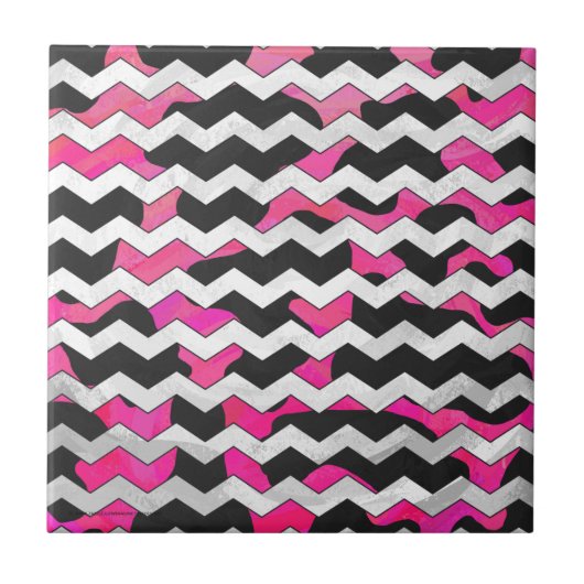 Chevron Koe Hot Pink en Black Print Tegeltje (Voorkant)