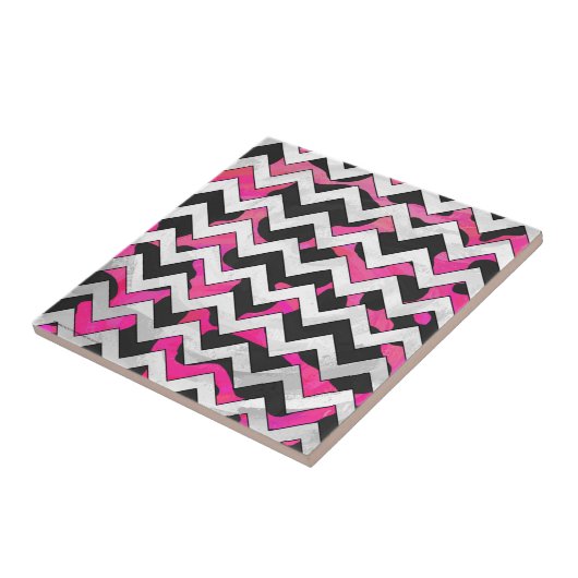 Chevron Koe Hot Pink en Black Print Tegeltje (Zijkant)