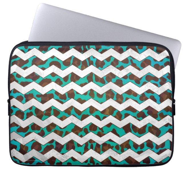 Chevron Leopard Brown en Blauwgroen Print Laptop Sleeve (Voorkant)