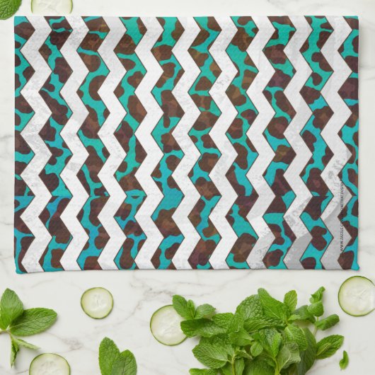 Chevron Leopard Brown en Blauwgroen Print Theedoek (Gevouwen)