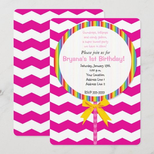 Chevron Lollipop Snoep Uitnodiging voor verjaardag (Voorkant / Achterkant)