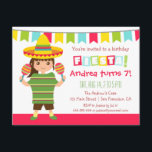 Chevron Mexican Fiesta Kids Birthday Party Kaart<br><div class="desc">Viel een kinderverjaardag met een kleurrijke Mexicaanse Fiesta! Deze uitnodiging is perfect met zijn heldere keuze aan kleuren zoals rood, blauw, groen en geel. Het heeft een schattig meisje met een pony staart met een Mexicaans Sombrero, breed omhuld pet met interessante geometrische eigenschappen en strepen. Het meisje trilt een paar...</div>