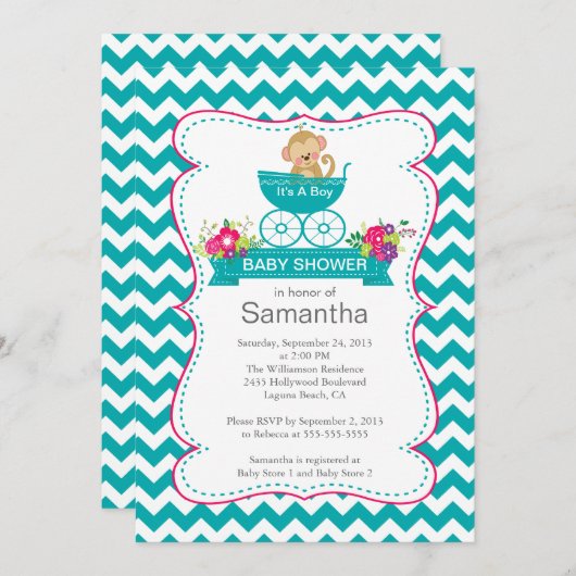 Chevron Monkey In Carriage Boys Baby shower Kaart (Voorkant / Achterkant)