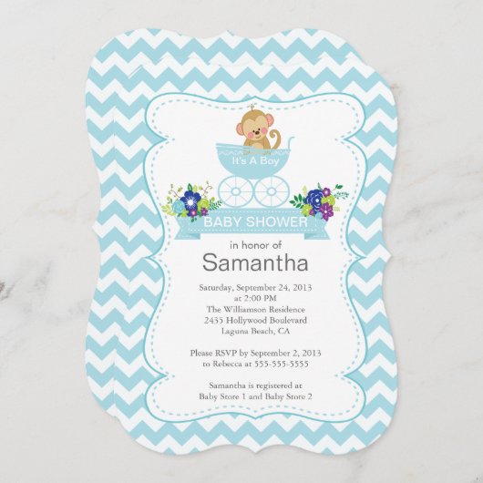 Chevron Monkey In Carriage Boys Baby shower Kaart (Voorkant / Achterkant)