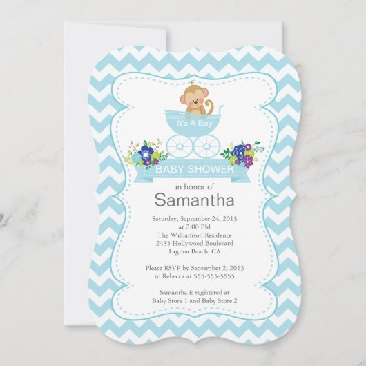 Chevron Monkey In Carriage Boys Baby shower Kaart (Voorkant)