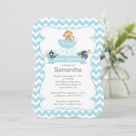 Chevron Monkey In Carriage Boys Baby shower Kaart (Staand voorkant)