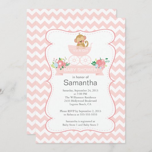 Chevron Monkey In Carriage Girls Baby shower Kaart (Voorkant / Achterkant)