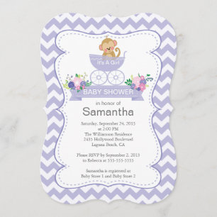 Chevron Monkey In Carriage Girls Baby shower Kaart