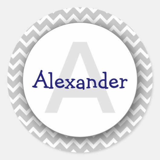 Chevron Monogram Boekplaat Sticker grijs marine (Voorkant)