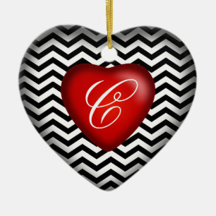 Chevron monogram hart Zwart Wit Rood Keramisch Ornament
