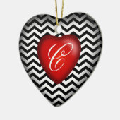 Chevron monogram hart | Zwart Wit Rood Keramisch Ornament (Links)