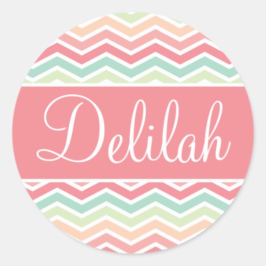 Chevron Name Pastel Pink Green Ronde Sticker (Voorkant)