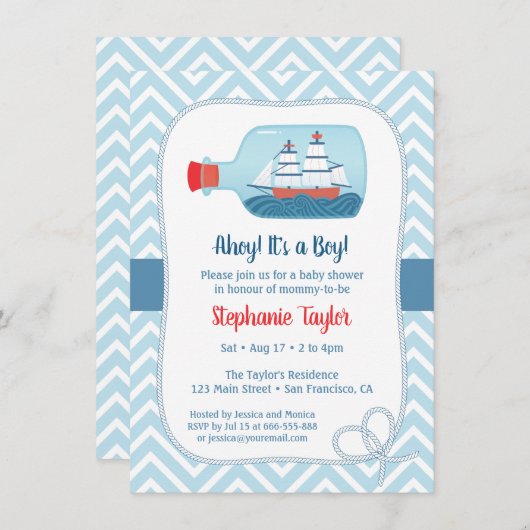 Chevron nautisch schip in het Baby shower Kaart (Voorkant / Achterkant)