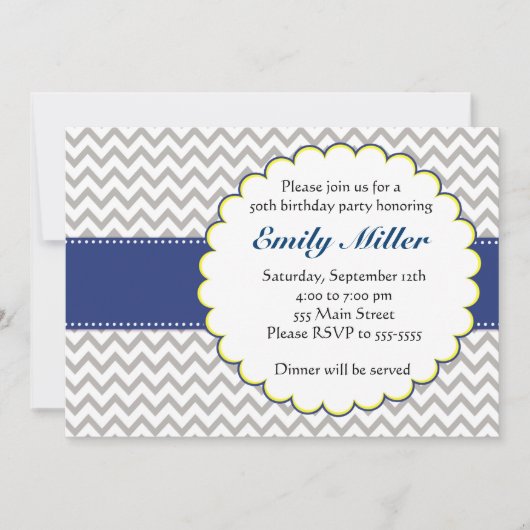 Chevron Navy Blue Birthday Invitation Kaart (Voorkant)