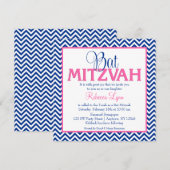 Chevron Navy Blue Pink Bat Mitzvah Uitnodiging (Voorkant / Achterkant)