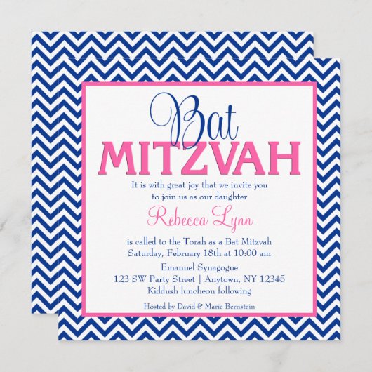 Chevron Navy Blue Pink Bat Mitzvah Uitnodiging (Voorkant / Achterkant)