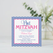 Chevron Navy Blue Pink Bat Mitzvah Uitnodiging (Staand voorkant)