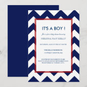 Chevron Navy & Red Nautical Baby shower Invitation Kaart (Voorkant / Achterkant)