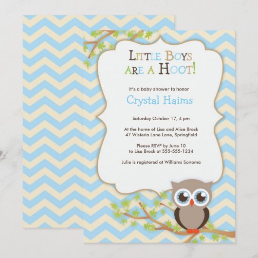 Chevron Owl Thleing Baby Shower Invitations - Boy Kaart (Voorkant / Achterkant)